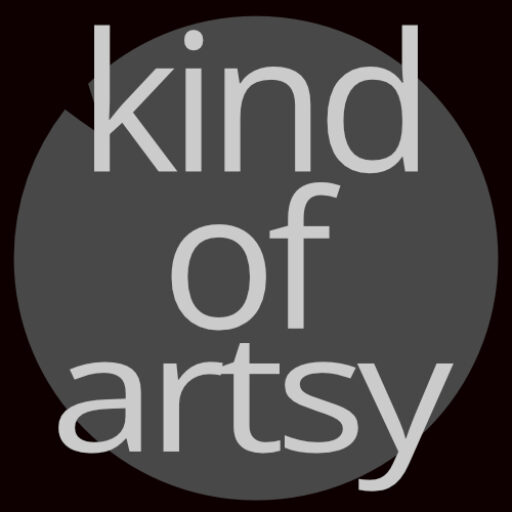 Black background with grey circle with a small chunk taken out of the top left side. The text bleeds out into the black background and in all lowercase in a open sans serif font says kind of artsy.