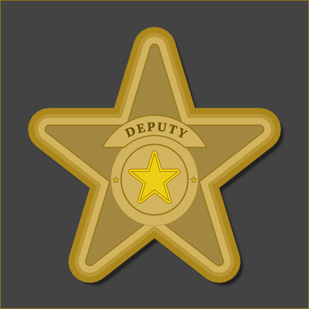 A gold five-pointed sheriff-style badge set against a dark gray background. The badge features an outer star with a layered gold border and a smaller inner circle containing a yellow outlined star. Above the circle is a banner with the word “DEPUTY” in bold black letters. Two small stars flank the center star within the inner circle. The badge has a subtle drop shadow giving it depth.