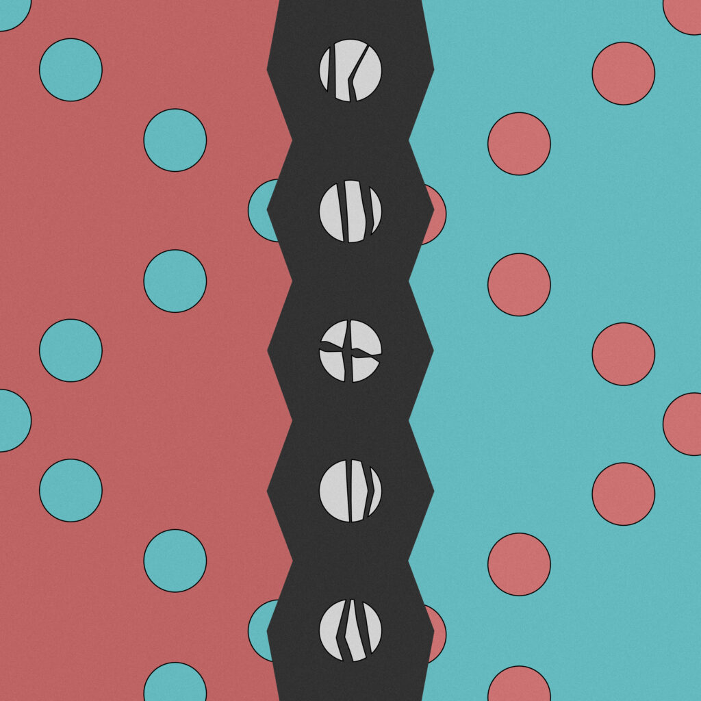 A digital graphic features a split background with red on the left and teal on the right, both filled with evenly spaced polka dots—teal dots on the red side and red dots on the teal side. A vertical, black, zigzag column runs through the center. Within this black strip are five circular shapes, each containing a distinct abstract symbol that resembles minimalist iconography or stylized letters.