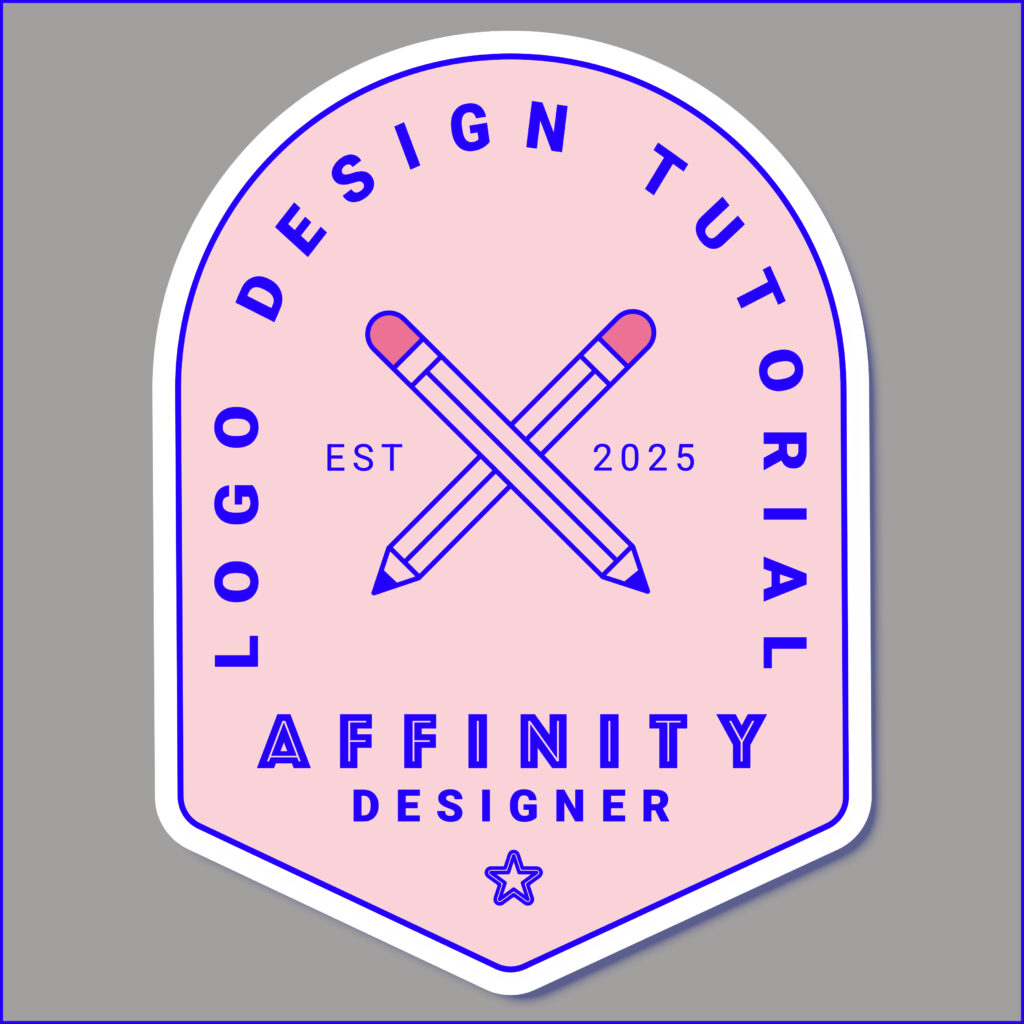 A pink badge-shaped graphic with a white outline and bold blue border. Two crossed pencils form the central icon, with “EST 2025” between them. Arched text around the top reads “LOGO DESIGN TUTORIAL,” and “AFFINITY DESIGNER” is written at the bottom in bold blue capital letters. A small outlined star is centered below the text. The background is medium gray.
