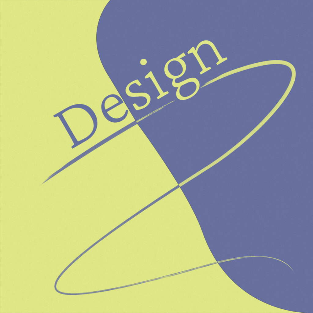 A square composition split diagonally between bright yellow and deep blue sections. The word 'Design' appears in yellow serif typeface, positioned across the color divide. Curved lines flow through the geometric split, creating a sense of movement against the hard-edged color boundary.