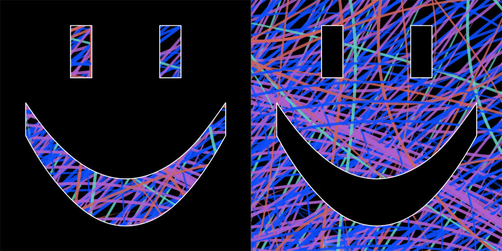 A side-by-side diptych of two smiley faces. The left panel shows a black background with the smiley cut out and filled with a chaotic, colorful scribble pattern. The right panel inverts this: the scribble pattern covers the entire background, while the smiley is rendered in solid black, outlined in white.