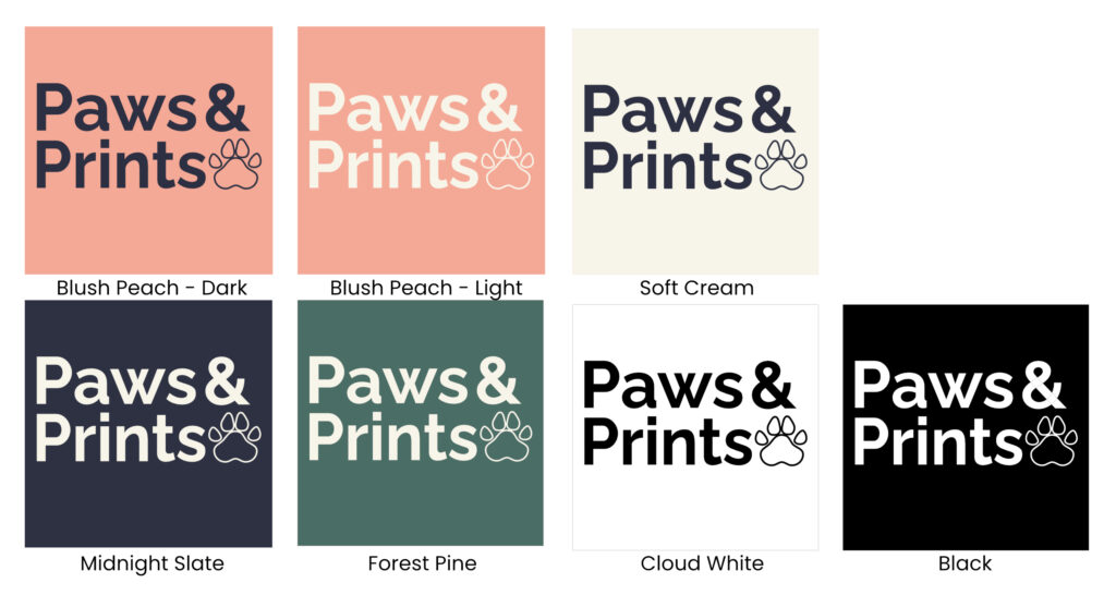 A logo presentation for “Paws & Prints” showing eight square versions of the logo on different background colors: Blush Peach (Dark), Blush Peach (Light), Soft Cream, Midnight Slate, Forest Pine, Cloud White, and Black. Each features the brand name in a modern sans-serif font and a simple line-drawn paw print next to the ampersand, with reversed or matching color text depending on background.