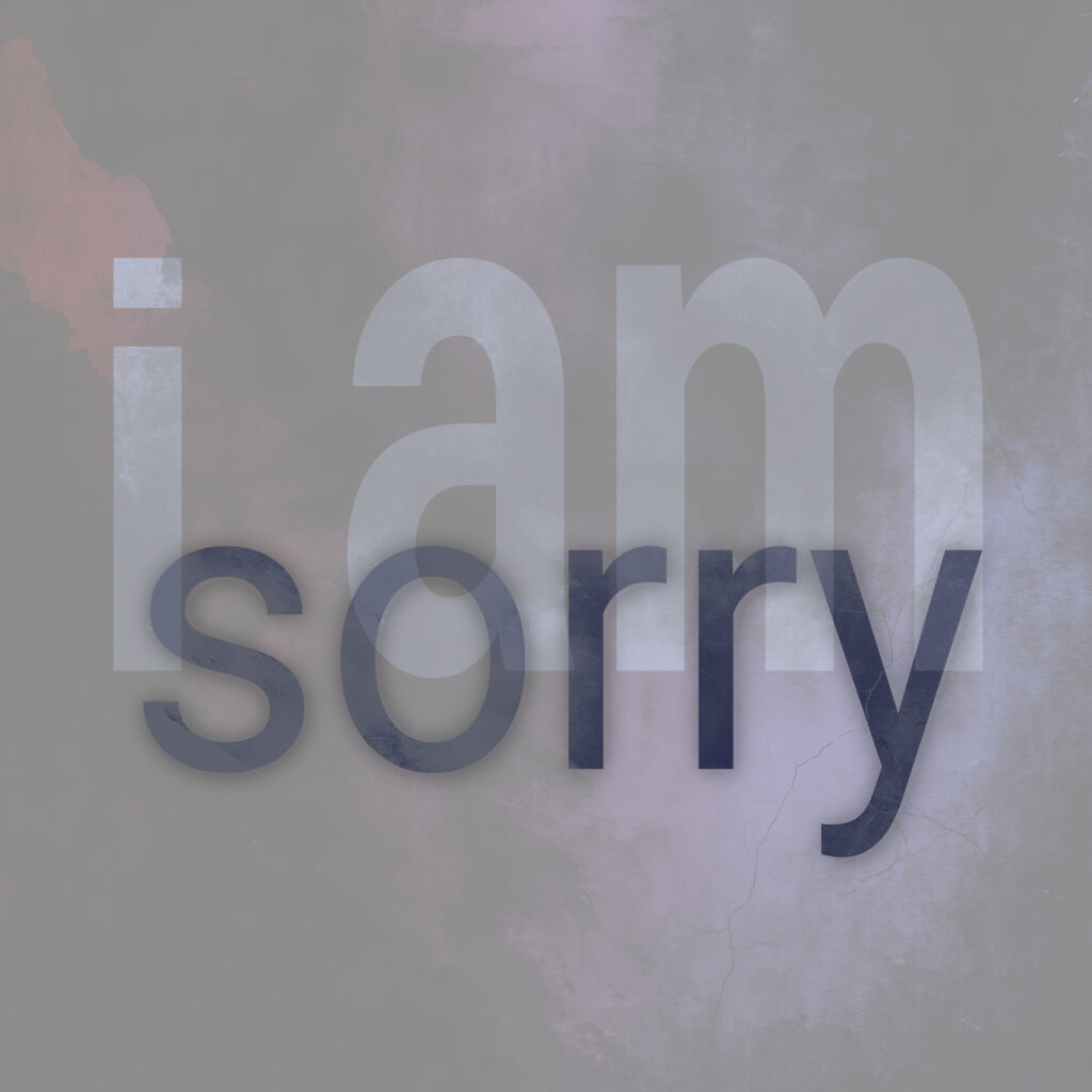 Soft violet-gray texture fills the square frame, showing faint cracks near the lower right. A huge pale-gray lowercase phrase “i am” spans the center, translucent enough for the background to ghost through. Overlapping its baseline, the darker navy word “sorry” stretches across the lower third, its letters fully opaque and the descender of the “y” stopping just above the bottom edge. The dot above the “i” is a square, matching the stem’s width.