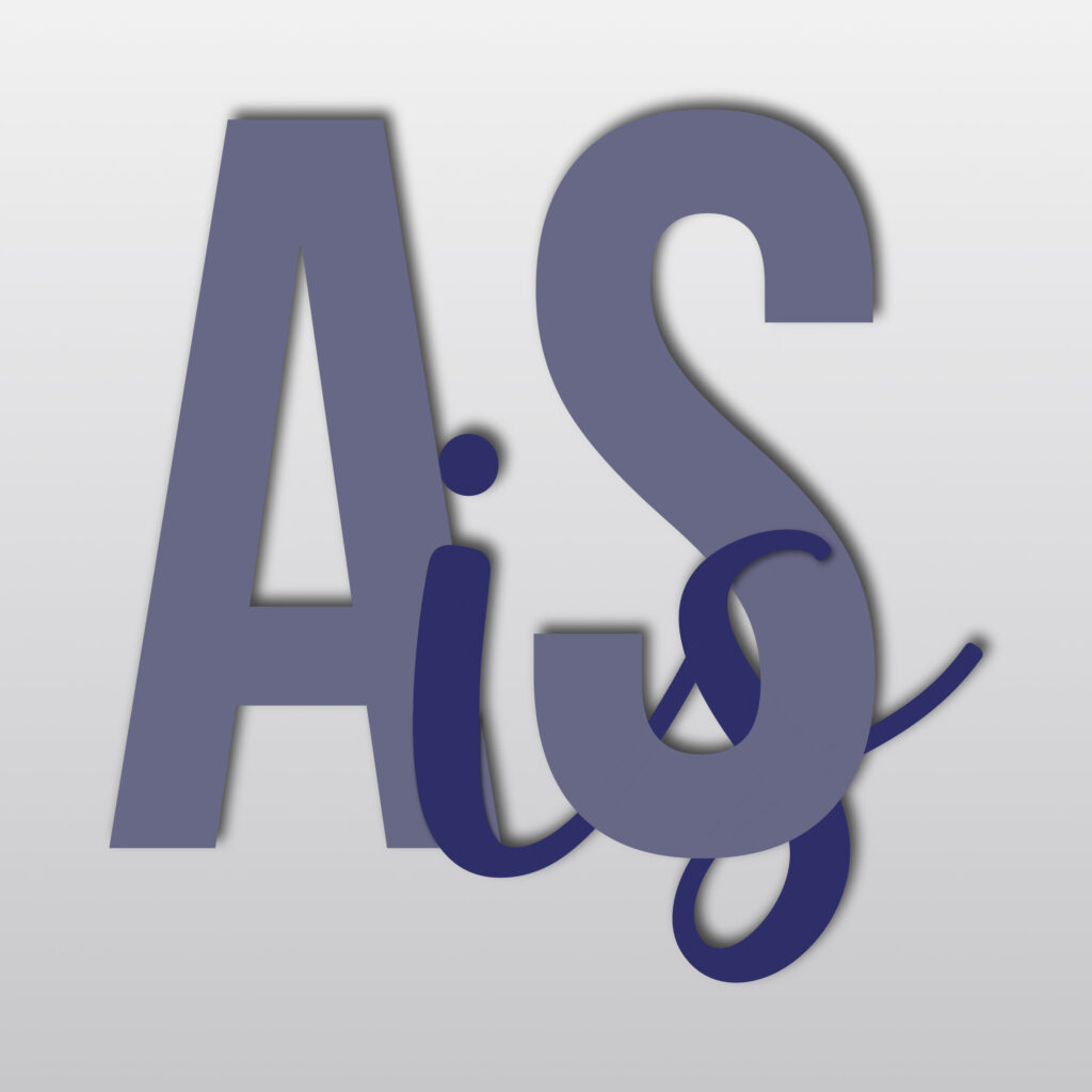A typographic artwork featuring the letters “A”, “i”, “s”, and “S”. The large “A” and “S” are set in a bold, geometric sans-serif and colored in a muted blue-gray. Overlaying them is a cursive, navy blue “i” and “s” in a fluid, script typeface. The script “s” loops behind and around the larger “S”, blending playfully but also creating tension in hierarchy. All elements are centered on a light gray gradient background with soft shadows to create depth.