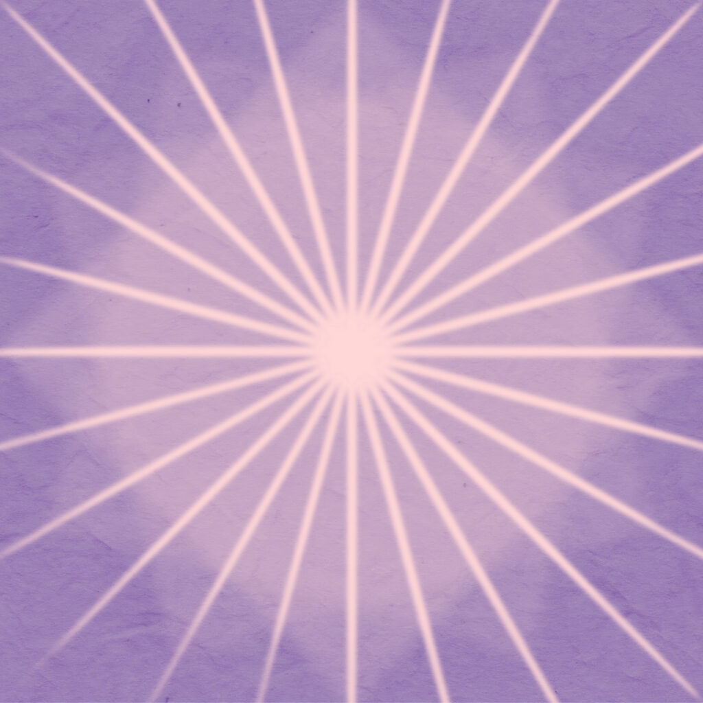 A radiant starburst pattern with soft pink beams extending outward from a central glowing point, set against a textured lavender-purple background.