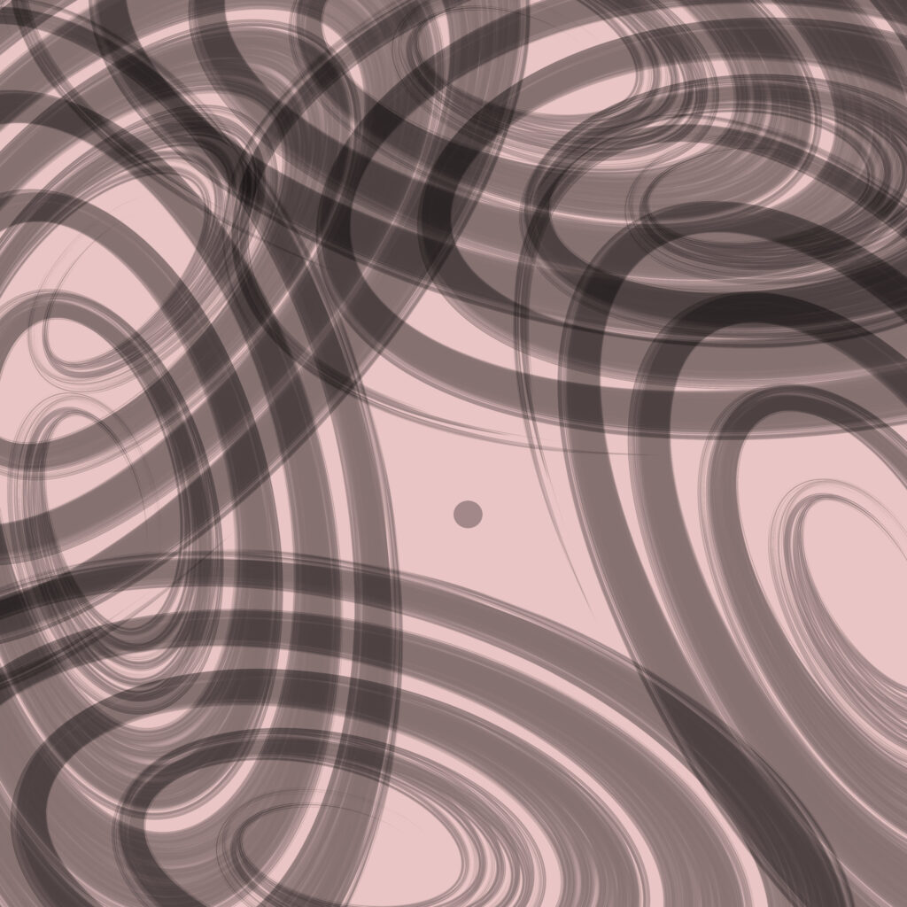 Abstract digital artwork featuring overlapping, semi-transparent elliptical rings and swirling arcs in dark gray tones against a muted pink background. Near the center sits a small solid gray dot, surrounded by the dense, chaotic motion of the larger curved forms.