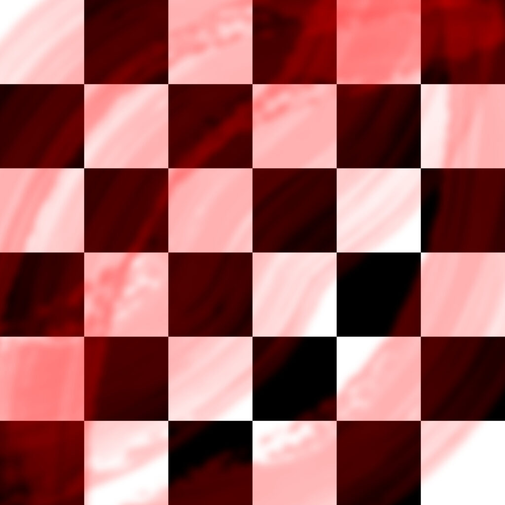 A digital artwork featuring a red and black checkerboard grid. The squares alternate between dark red and lighter pinkish-red, with some black squares interspersed. Behind the grid, there are sweeping, painterly strokes of red and white, creating a sense of motion and depth beneath the rigid geometric overlay.