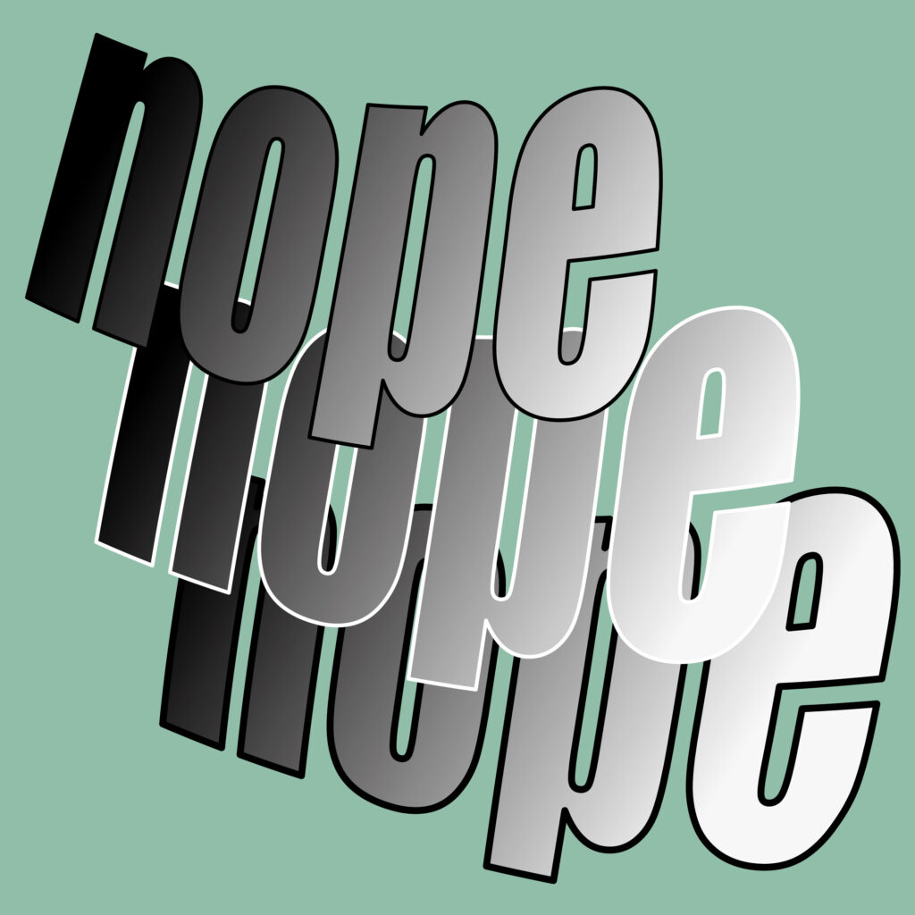 rounded sans-serif word “nope” is repeated and overlapped three times on a muted mint-green background. The stack sweeps diagonally from upper-left to lower-right, each instance tilted and outlined, shifting from solid black to light gray/white with soft gradients and subtle shadows, creating an echoing, marching effect.