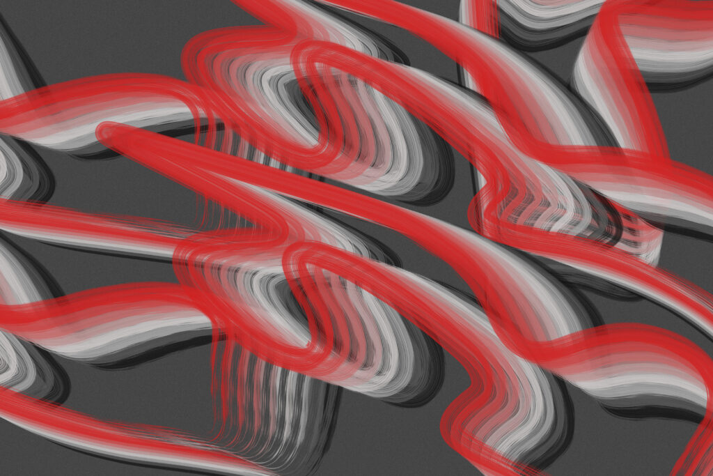 Abstract digital artwork featuring thick, wavy strokes of red, white, and black layered over a dark gray background. The strokes weave and overlap in a zigzagging, ribbon-like motion, creating a sense of movement and tension. The red accents dominate, cutting sharply across the smoother grayscale streaks beneath them, giving the piece a chaotic yet balanced rhythm.