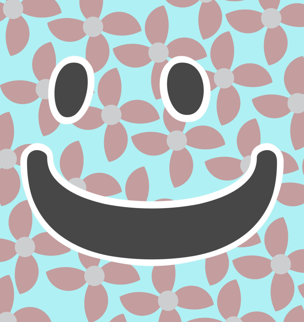 A graphic design featuring a large, simple smiley face with oval black eyes and a wide curved mouth outlined in white. The background is a repeating floral pattern with dusty pink petals, gray centers, and a light blue base. The flowers appear layered beneath the smiley, integrating the two elements visually.