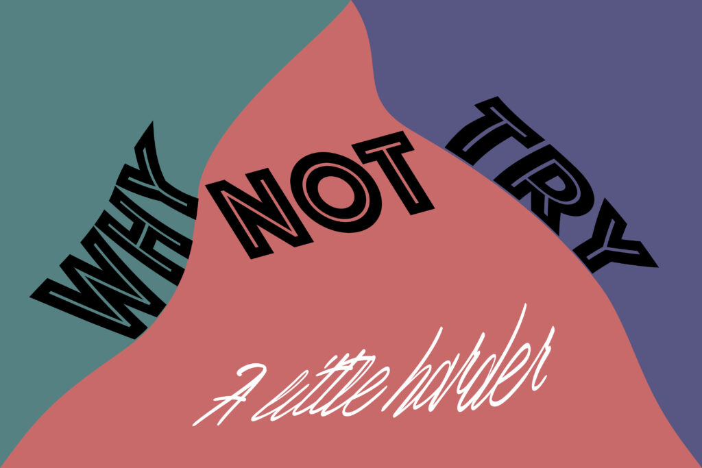 Abstract poster design with wavy, color-blocked background in teal, mauve, and purple. Black bold text curves along the waves reading “WHY NOT TRY,” with “NOT” in a larger outlined sans-serif font at the center. In white cursive script across the mauve section, the phrase “a little harder” is written diagonally.