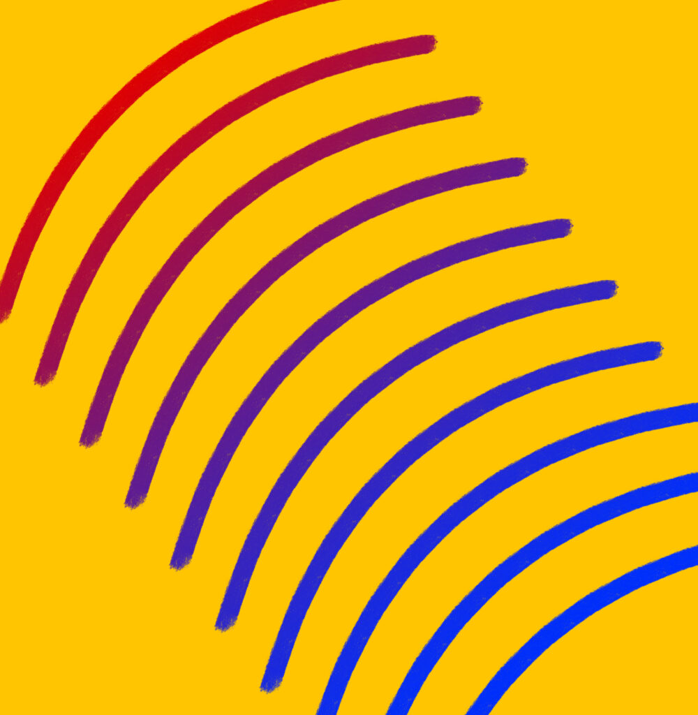 A bright yellow background with seven parallel curved lines sweeping diagonally across the image from the top left to the bottom right. The lines shift in color from red at the upper left, through purple in the middle, to blue at the lower right. The strokes are painterly, with slightly rough edges and a sense of hand-drawn texture.