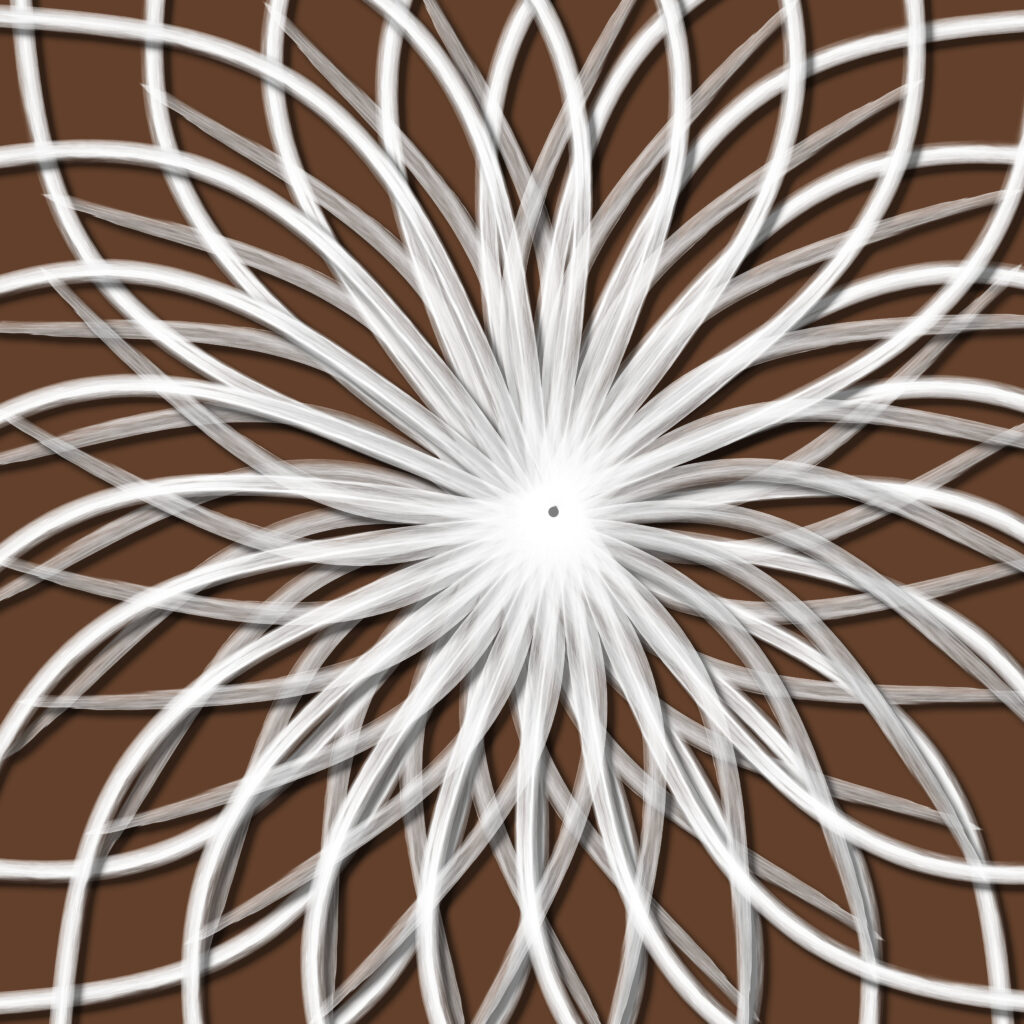  abstract digital artwork of overlapping white, ribbon-like strands radiating outward from a bright central point on a brown background. The twisting, curved lines create a hypnotic, floral or vortex-like pattern, with soft motion blur giving it a sense of depth and energy.
