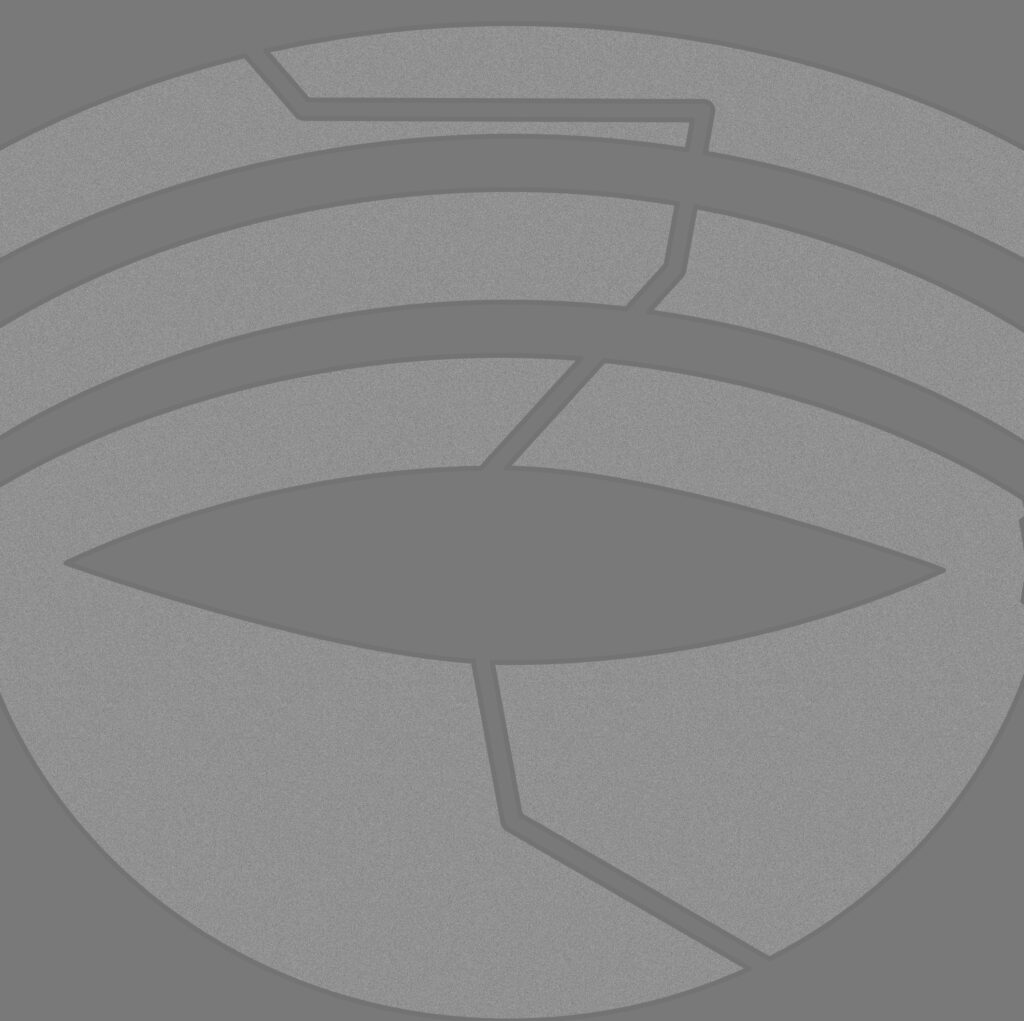 A stylized abstract shape resembling a segmented circle, broken into curved and angular sections. The divisions create an almost eye-like form in the center, with three arcs above and three angled pieces below. The texture is stone-like, with a gray-on-gray color scheme giving it a carved or embossed appearance.